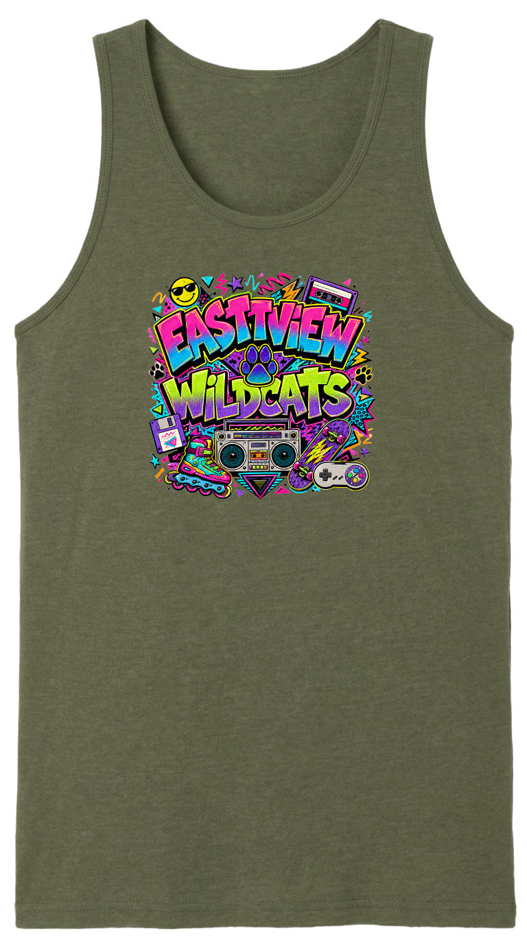 A green tank top with a colorful graphic design featuring the text "EASTVIEW WILDCATS" surrounded by various icons and symbols, such as a boombox, cassette tape, and other retro-style elements.
