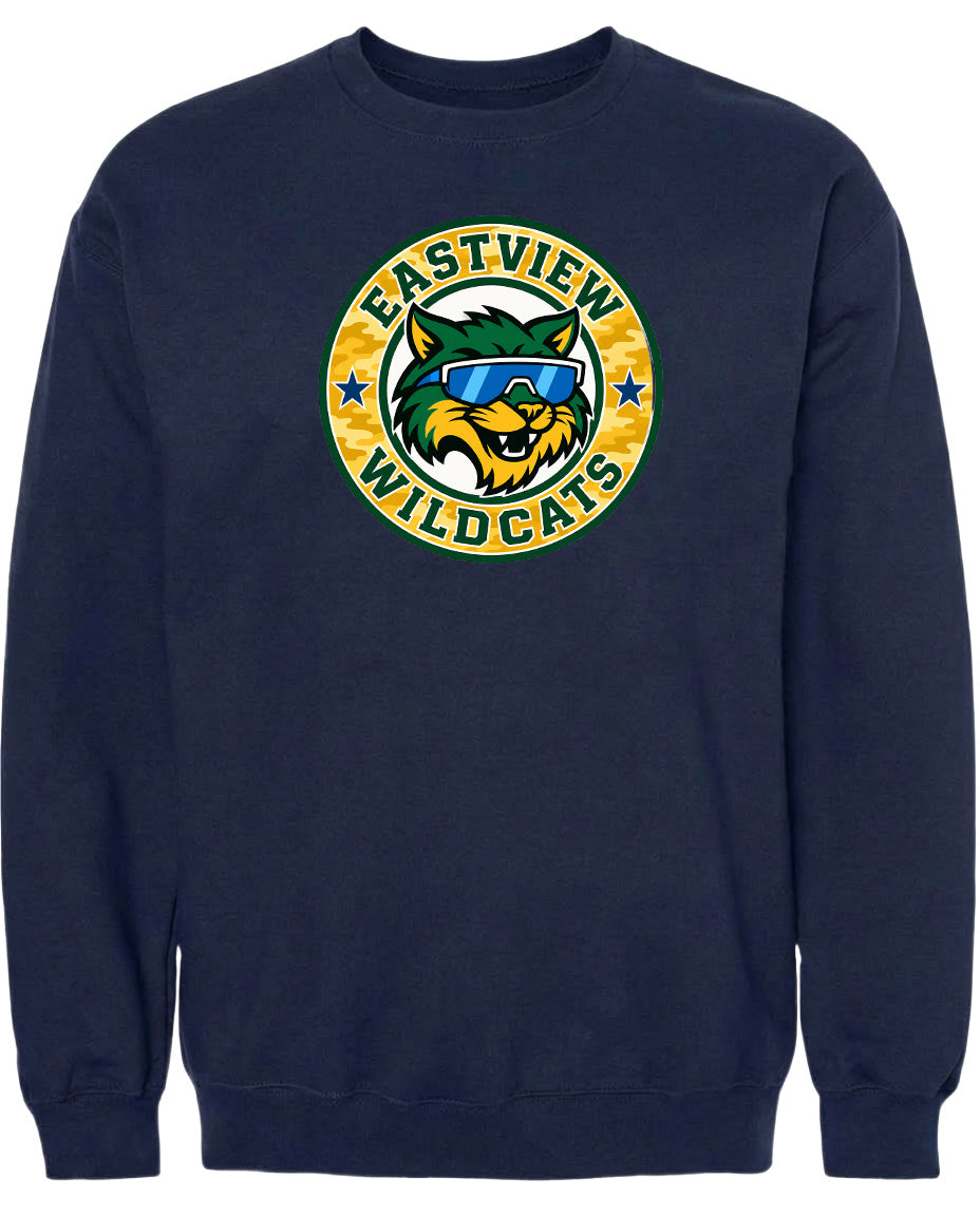 A navy blue sweatshirt with a circular logo featuring a cartoon cat wearing sunglasses and the text "EASTVIEW WILDCATS".