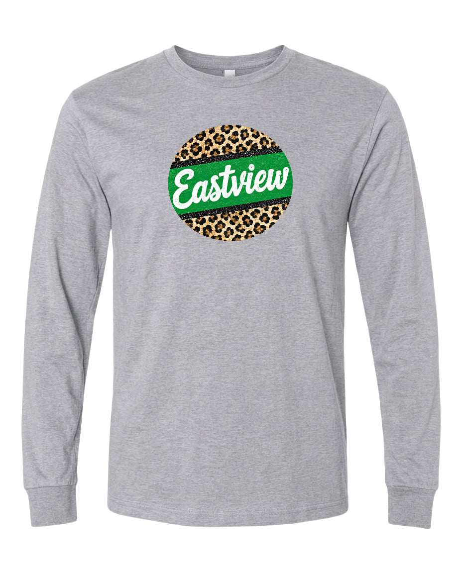 A gray long-sleeved t-shirt with a circular graphic design on the front. The design consists of a green circle with a leopard print pattern inside it, and the word "Eastview" written in white cursive text.