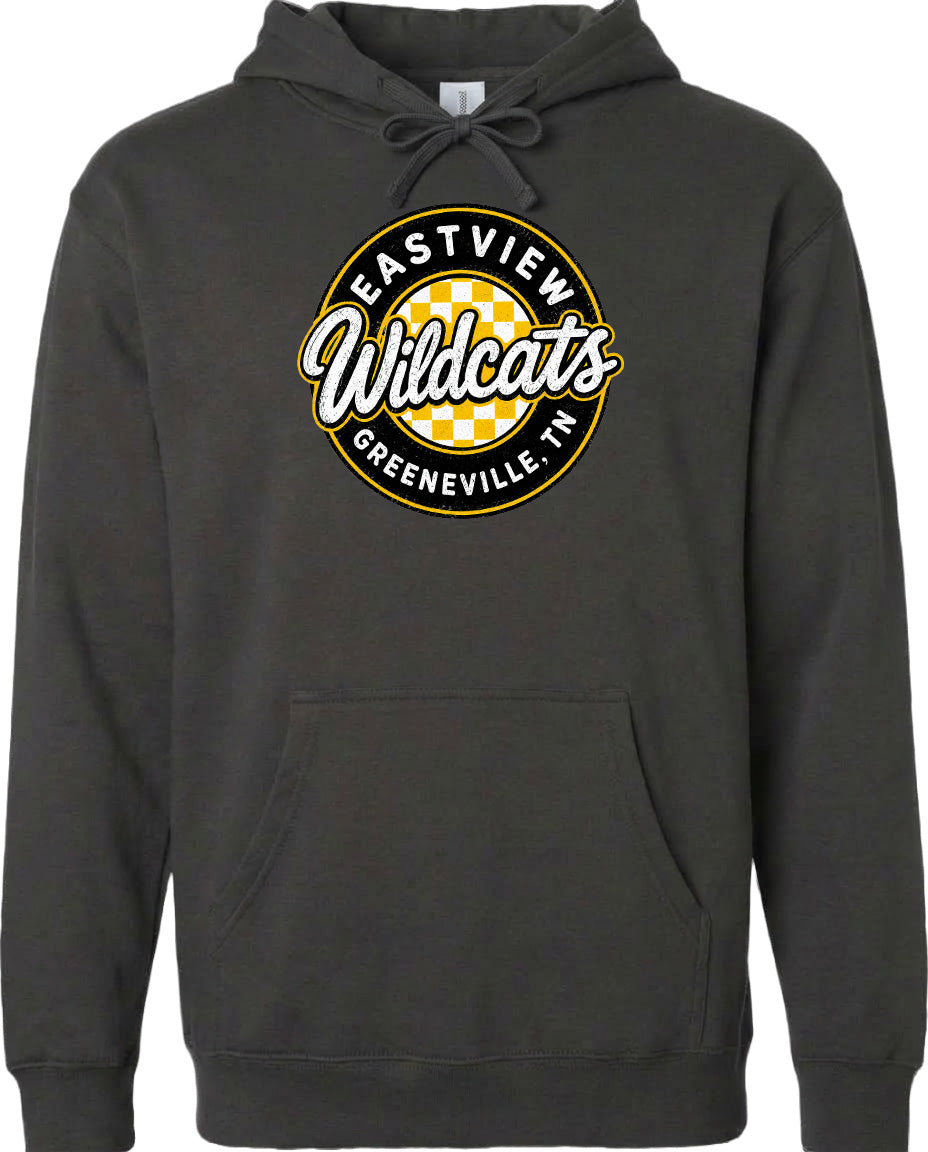 A black hoodie with a logo on the front.