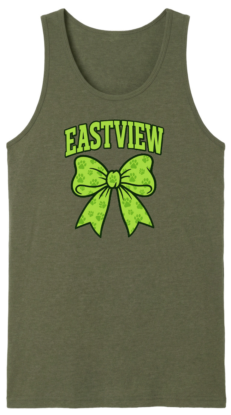 A green tank top with a large green bow and the word "EASTVIEW" printed on it.