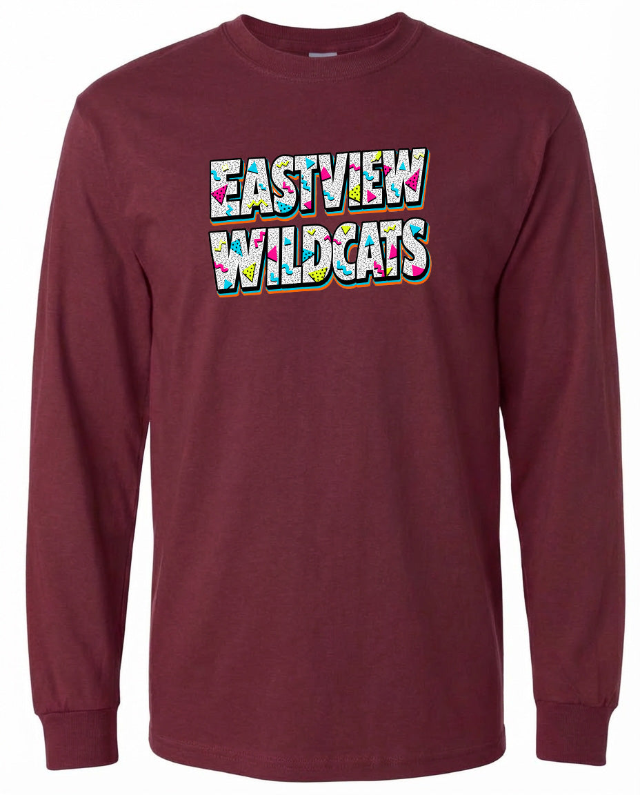 A burgundy long-sleeved t-shirt with the text "EASTVIEW WILDCATS" printed on it in a colorful, stylized font.