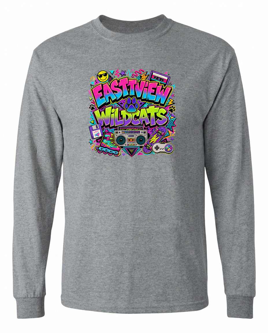 A gray long-sleeved t-shirt with a colorful graphic design featuring the text "EASTVIEW WILDCATS" surrounded by various icons and elements, such as a boombox, a skateboard, and a peace sign.