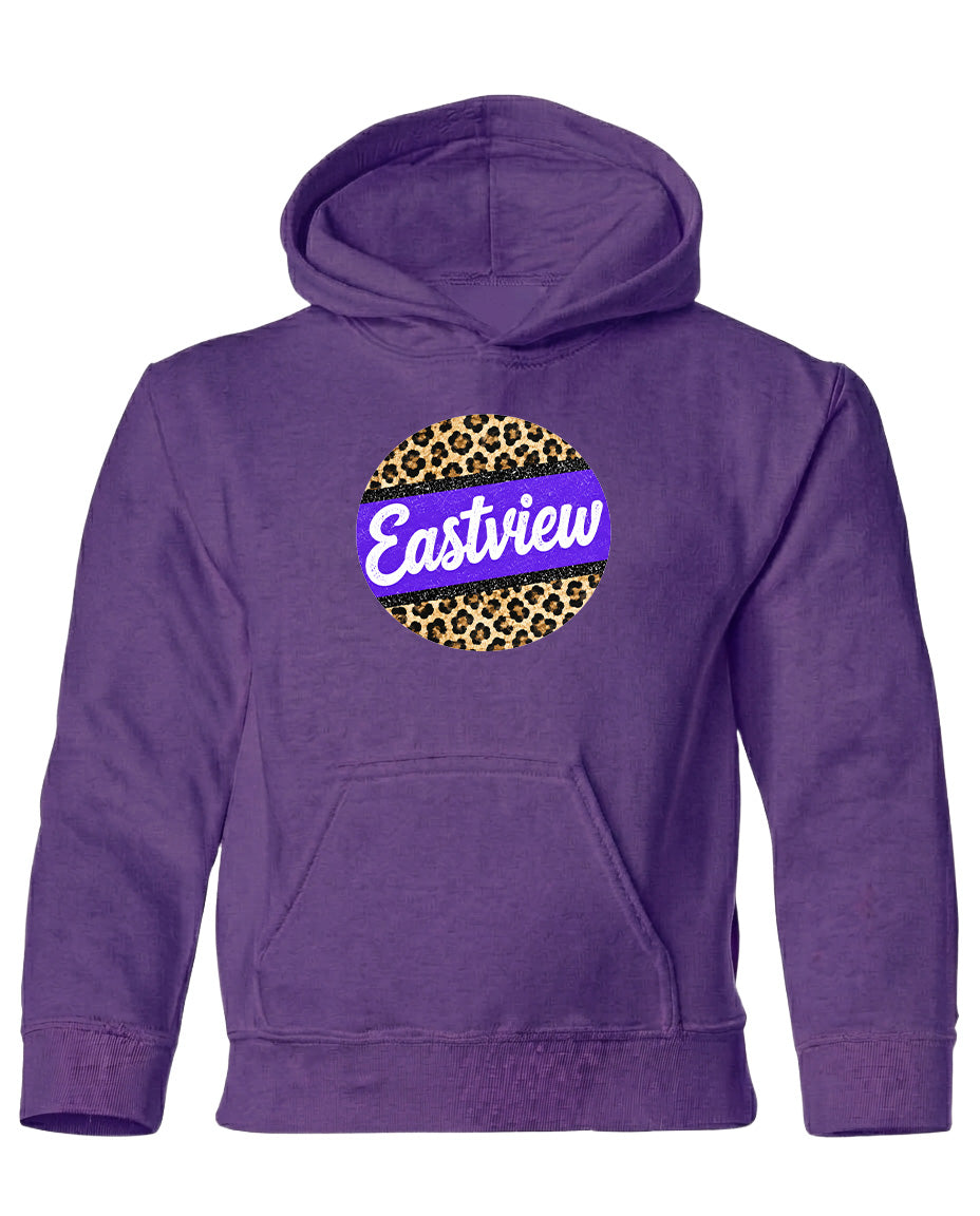 A purple hoodie with a leopard print design and the word "Eastview" printed on it.