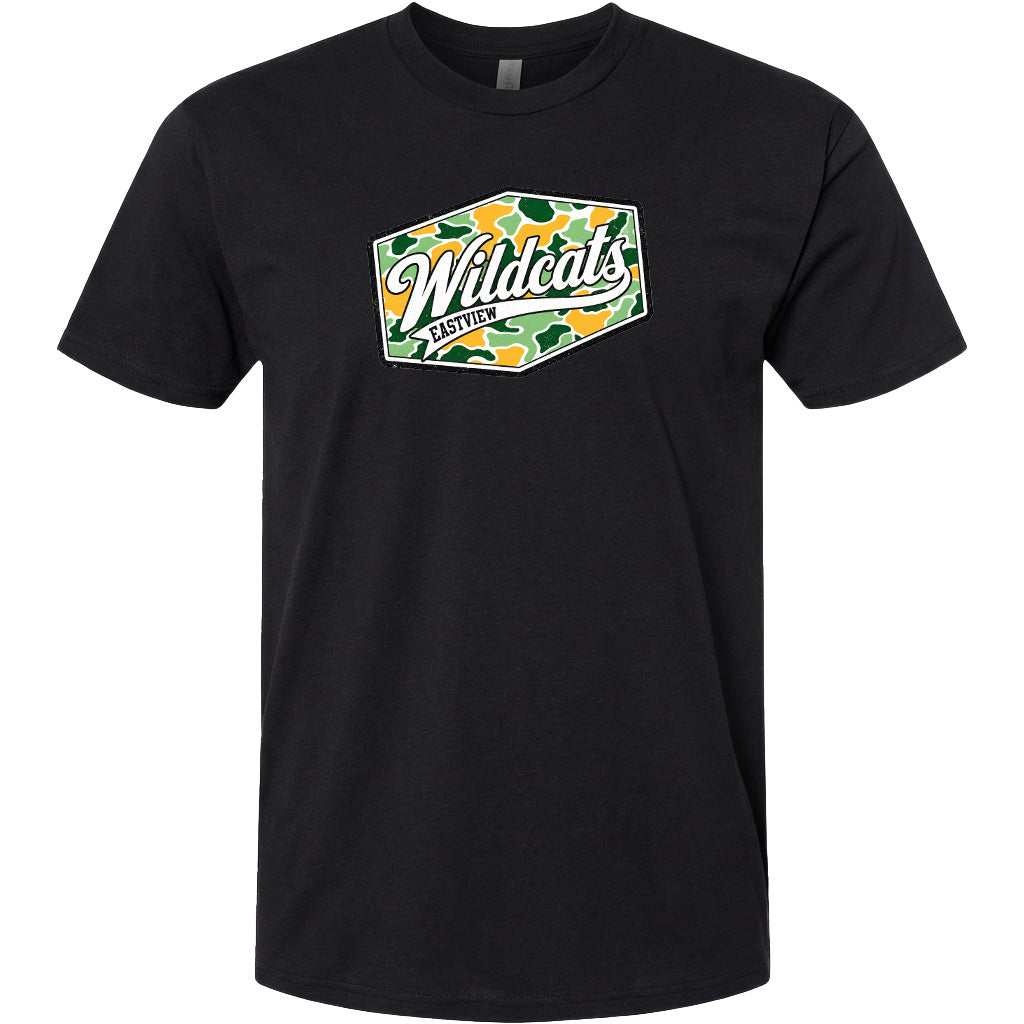 A black t-shirt with a graphic design featuring the word "Wildcats" in a stylized font, surrounded by a camouflage pattern.