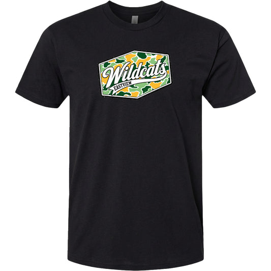 A black t-shirt with a graphic design featuring the word "Wildcats" in a stylized font, surrounded by a camouflage pattern.