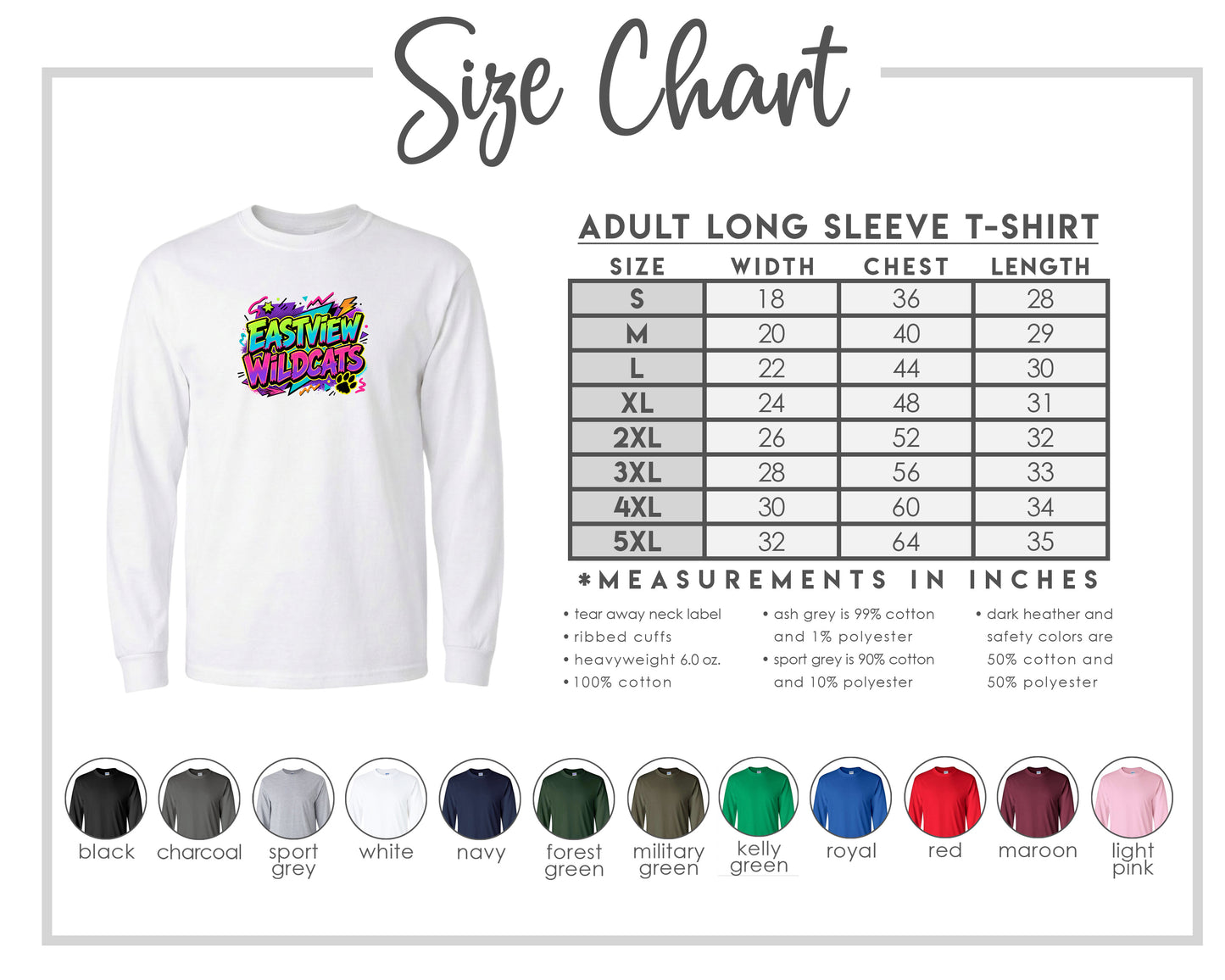 The image is a size chart for an adult long sleeve t-shirt, providing measurements for different chest sizes and sleeve lengths.