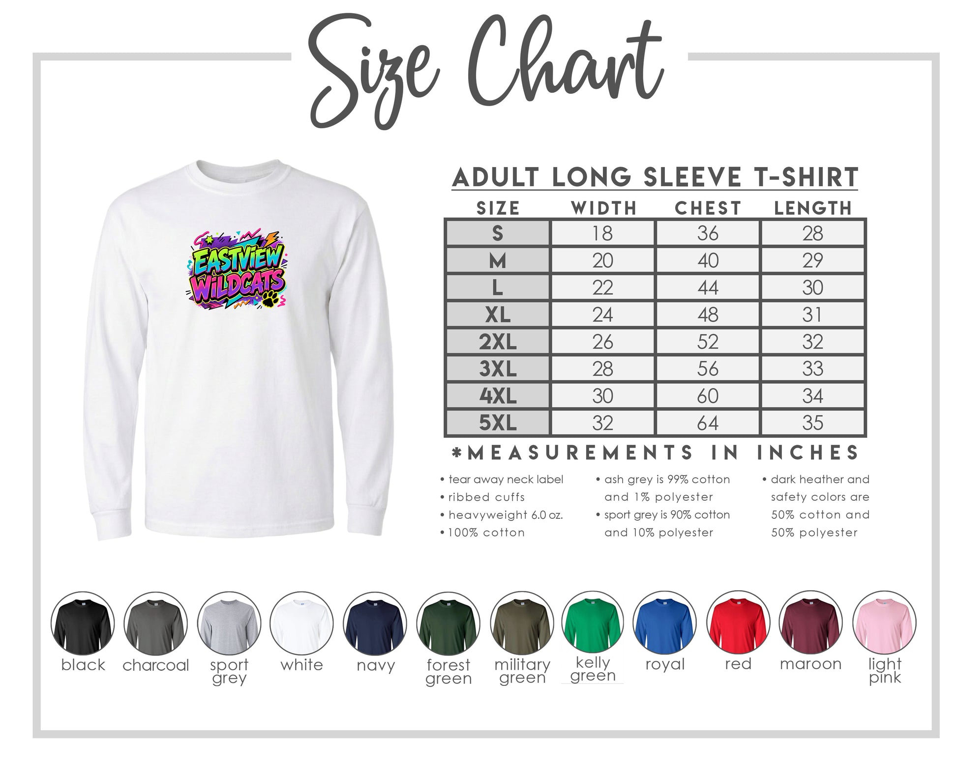 The image is a size chart for an adult long sleeve t-shirt, providing measurements for different chest sizes and sleeve lengths.