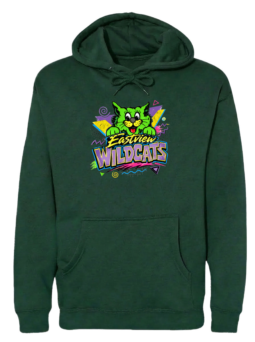A green hoodie with a colorful graphic design featuring a cartoon cat and the text "EASTVIEW WILDCATS".