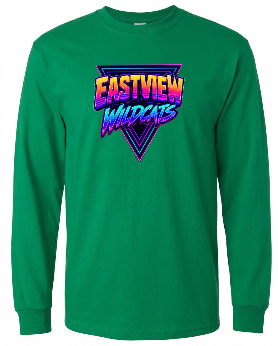 A long-sleeved green t-shirt with a graphic design featuring the text "EASTVIEW WILDCATS" in a colorful, retro-style font.