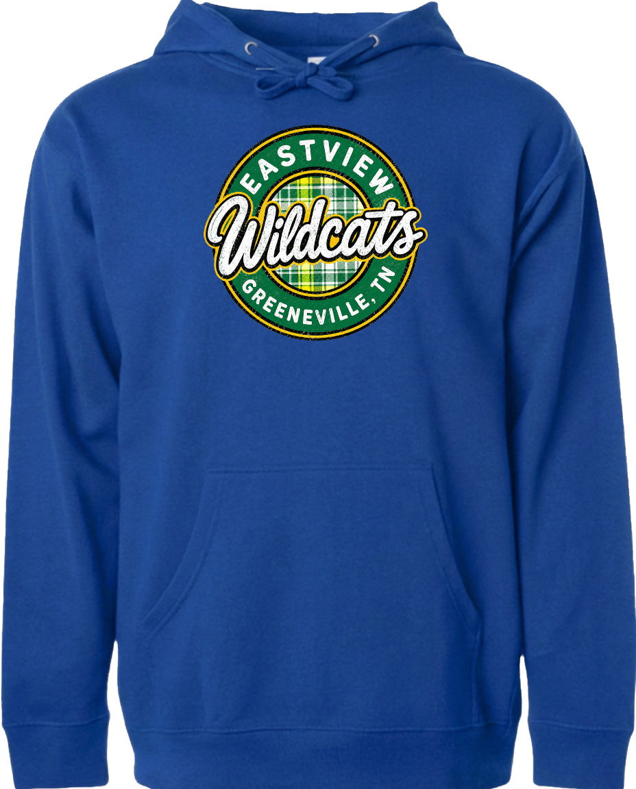 A blue hoodie with a circular logo on the front.