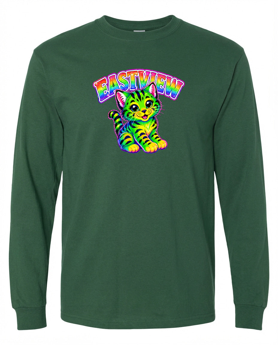 A long-sleeved green t-shirt with a colorful graphic of a cat and the text "EASTVIEW" printed on it.