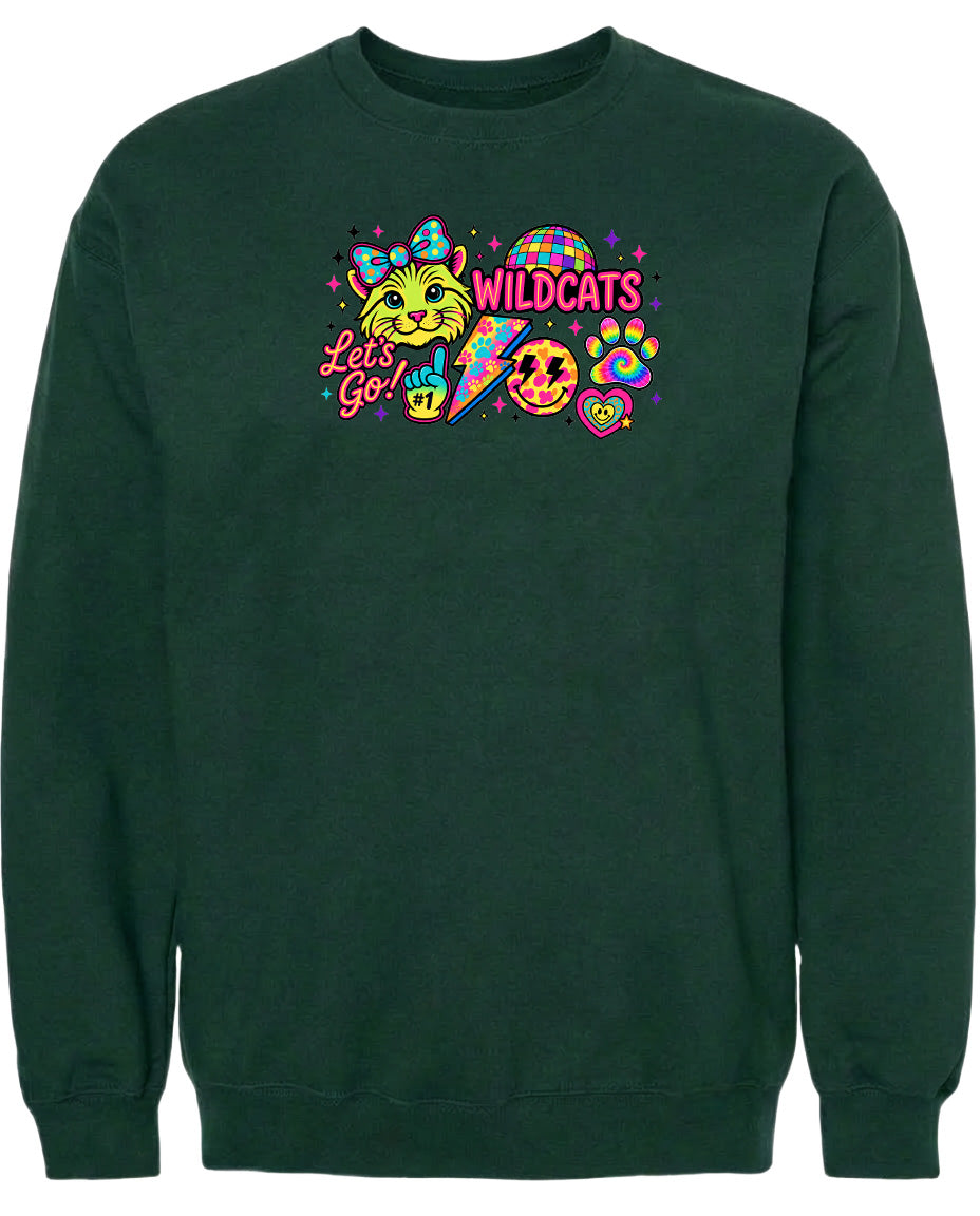 A green sweatshirt with a colorful graphic design featuring a cat, a rainbow, and various other elements.