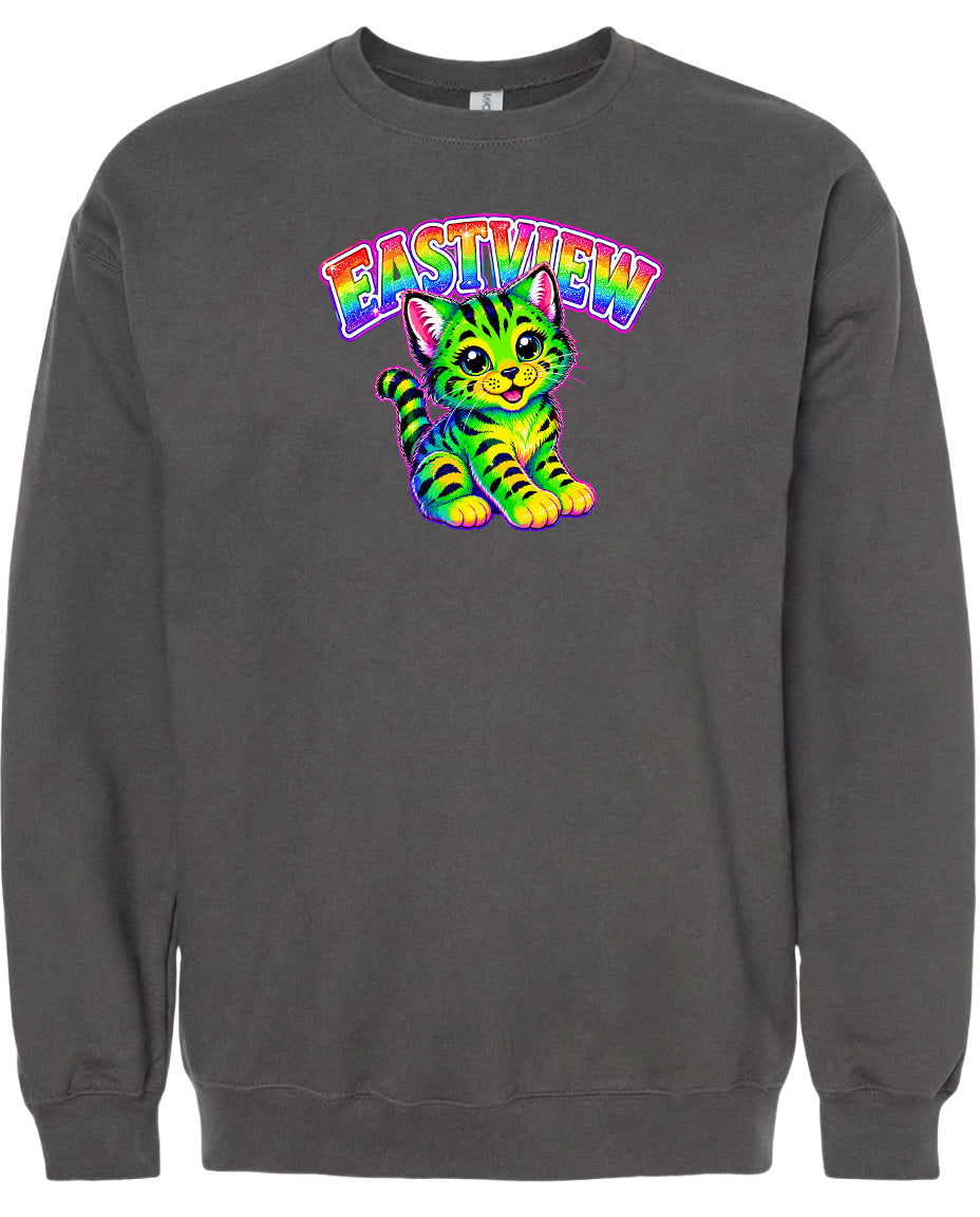 A gray sweatshirt with a colorful graphic of a cat and the text "EASTVIEW" printed on it.