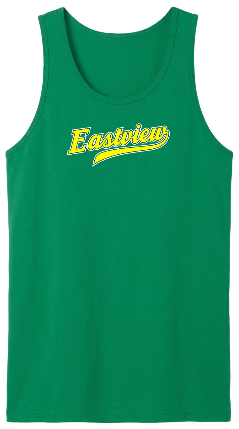 A green tank top with the word "Eastview" printed in yellow on it.