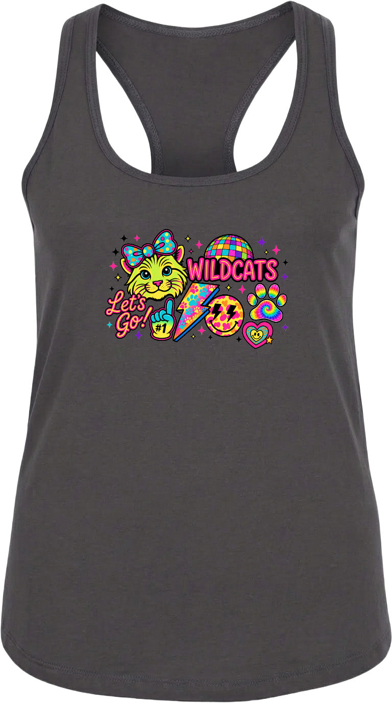 A gray tank top with a colorful graphic design featuring a cat, a peace sign, and the text "Wildcats" along with a smiley face.