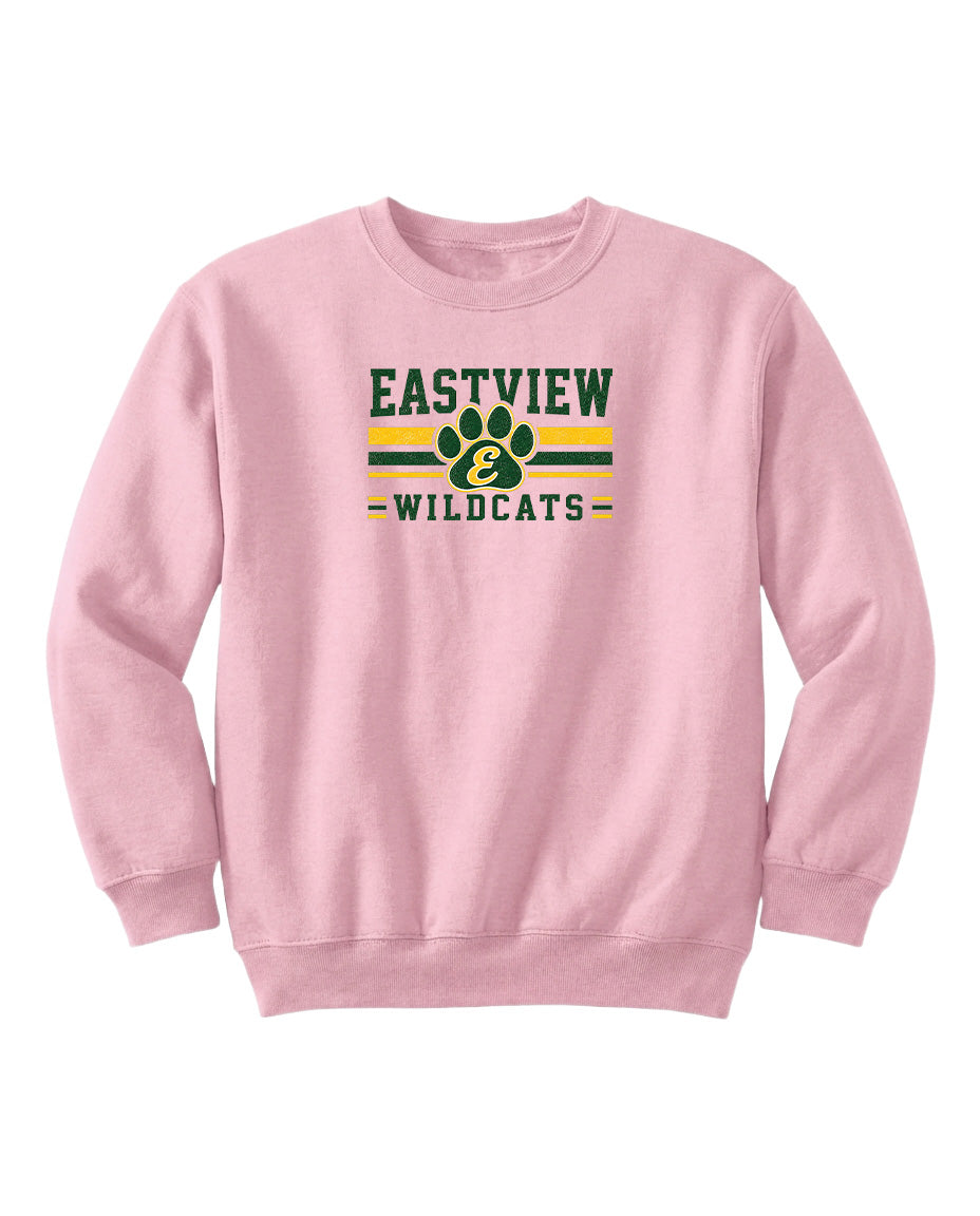 A pink sweatshirt with a logo and text on it.