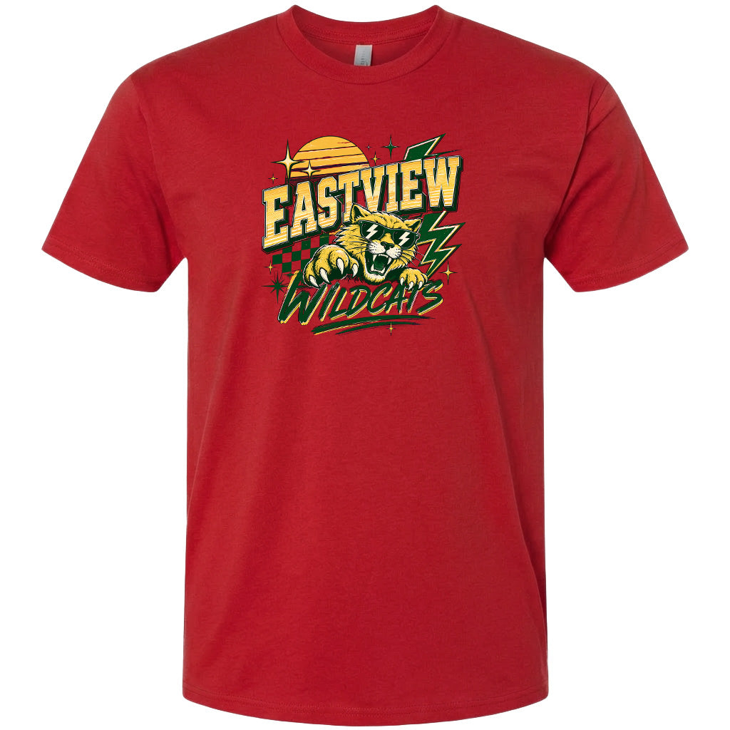 A red t-shirt with a graphic design featuring a stylized tiger or wildcat in the center, surrounded by various elements such as a sun, lightning bolts, and text.