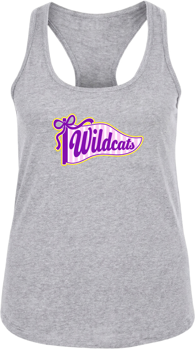 A gray tank top with a graphic design featuring the text "Wildcats" in purple and yellow colors.