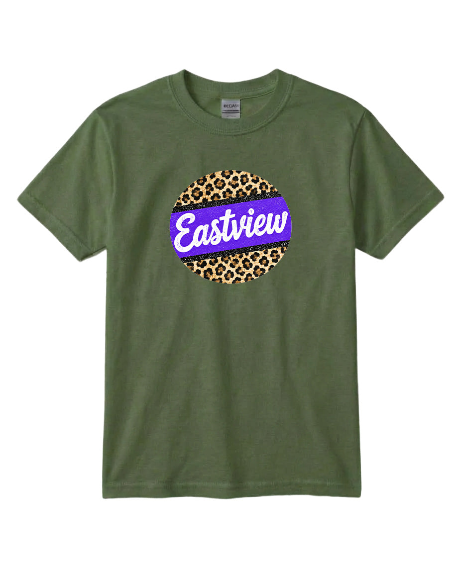 A green t-shirt with a circular graphic design featuring a leopard print pattern and the word "Eastview" written in purple.