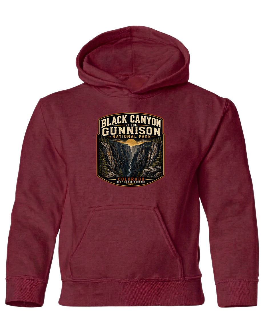 A red hooded sweatshirt with a graphic design depicting the Black Canyon of the Gunnison National Park.