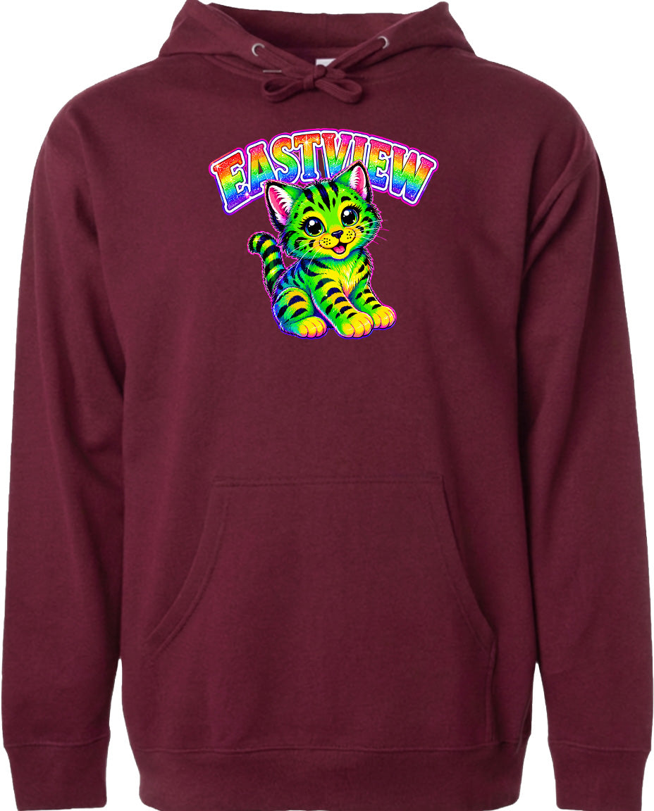 A maroon hoodie with a colorful graphic of a cat and the text "EASTVIEW" printed on it.