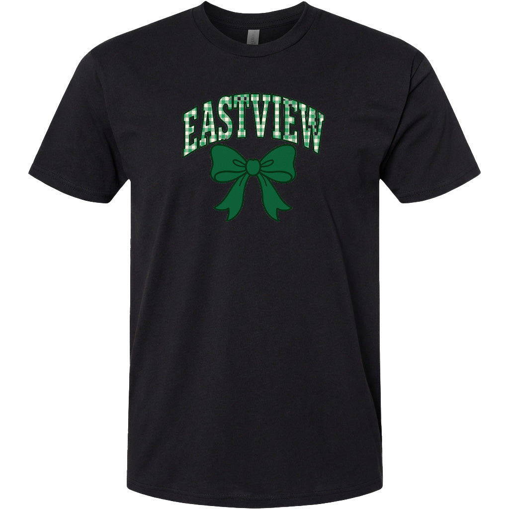 A black t-shirt with a green bow and the word "EASTVIEW" printed on it.