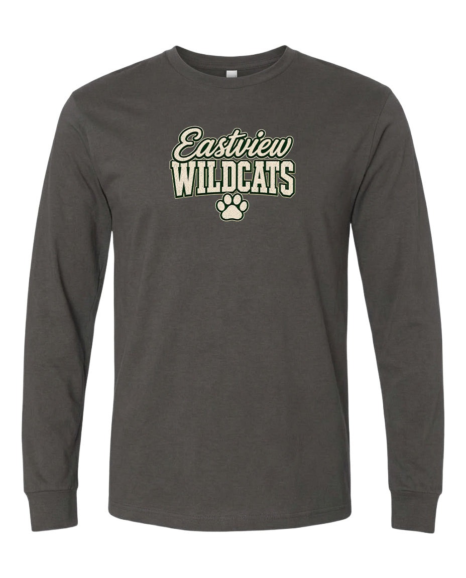 A gray long-sleeved t-shirt with the text "Eastview Wildcats" printed on it.