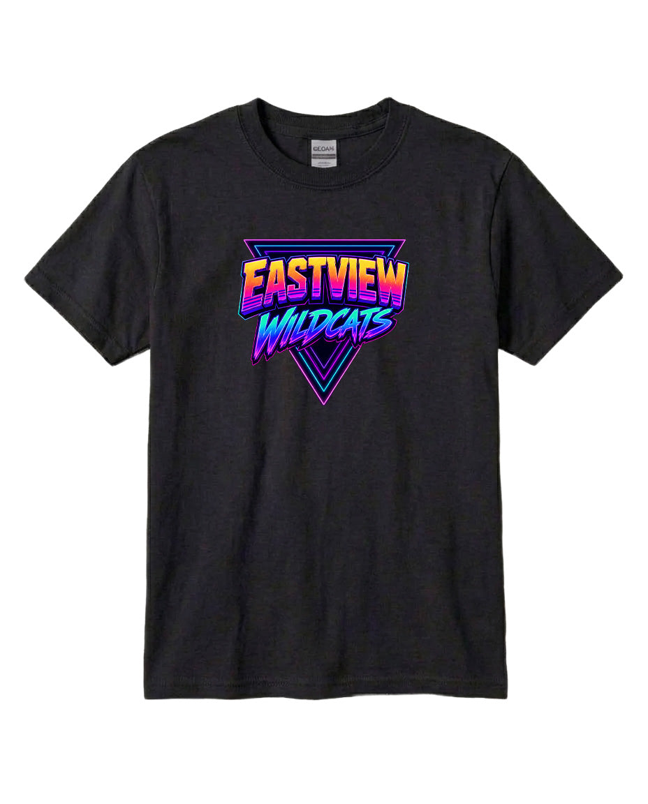 A black t-shirt with a graphic design featuring the text "EASTVIEW WILDCATS" in a colorful, neon-like font.