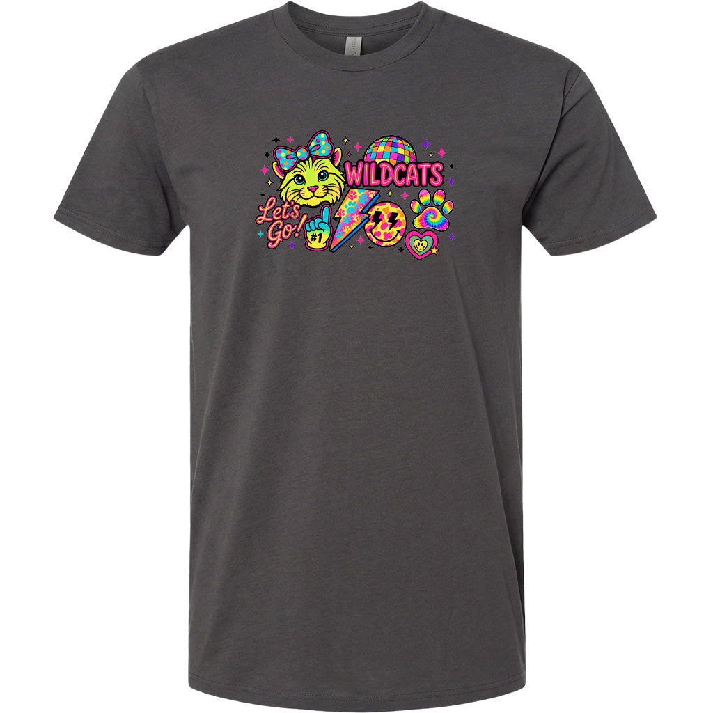 A gray t-shirt with a colorful graphic design featuring a cat, a rainbow, and various other elements.