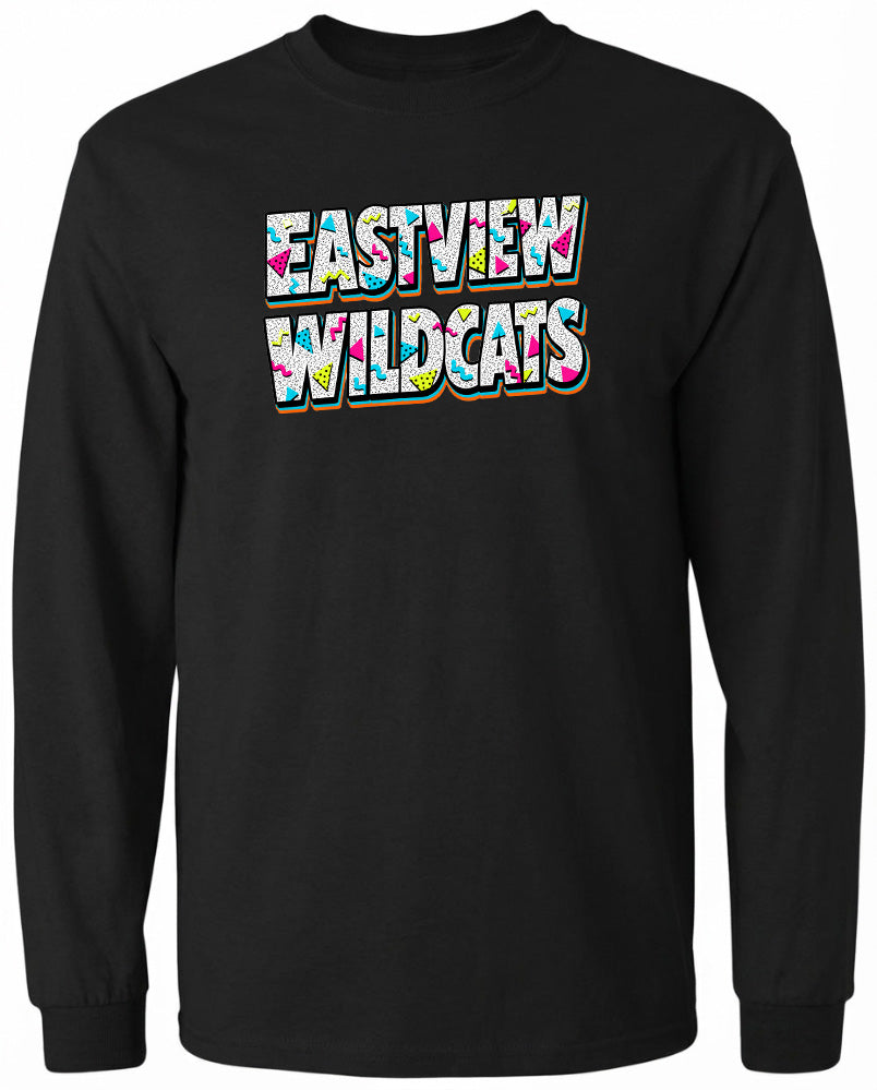 A black long-sleeved shirt with the text "EASTVIEW WILDCATS" printed on it in a colorful, graffiti-style font.