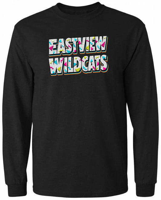 A black long-sleeved shirt with the text "EASTVIEW WILDCATS" printed on it in a colorful, graffiti-style font.