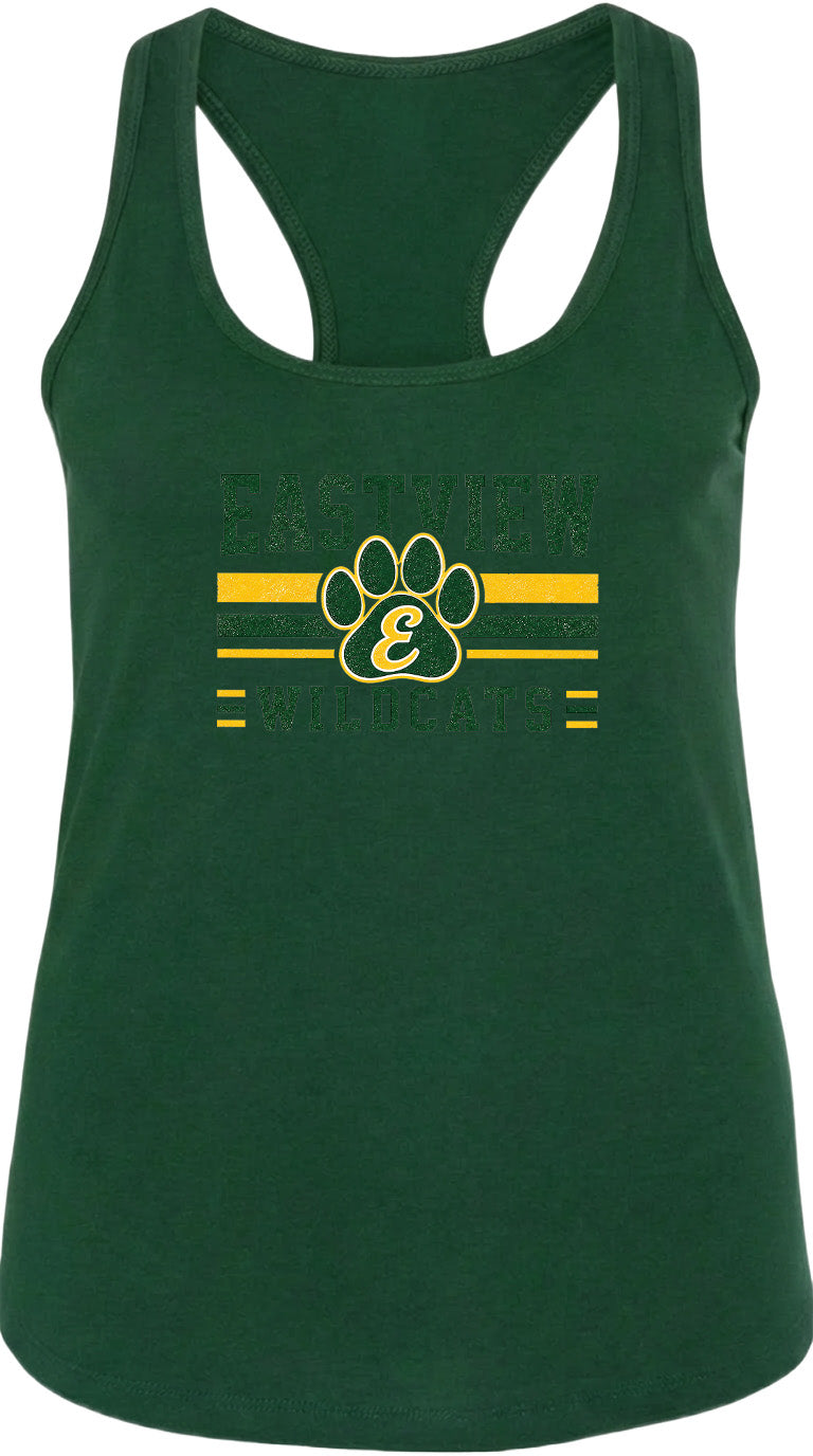 A green tank top with a graphic design featuring a paw print and the text "EASTVIEW WILDCATS" printed on it.