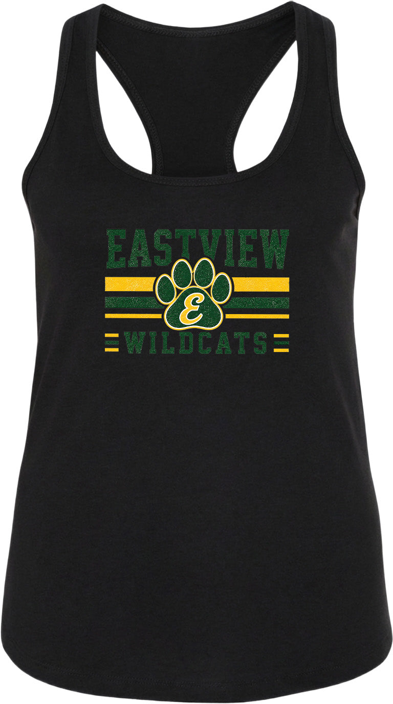 A black tank top with a graphic design featuring the text "EASTVIEW WILDLATTS" and a paw print logo.