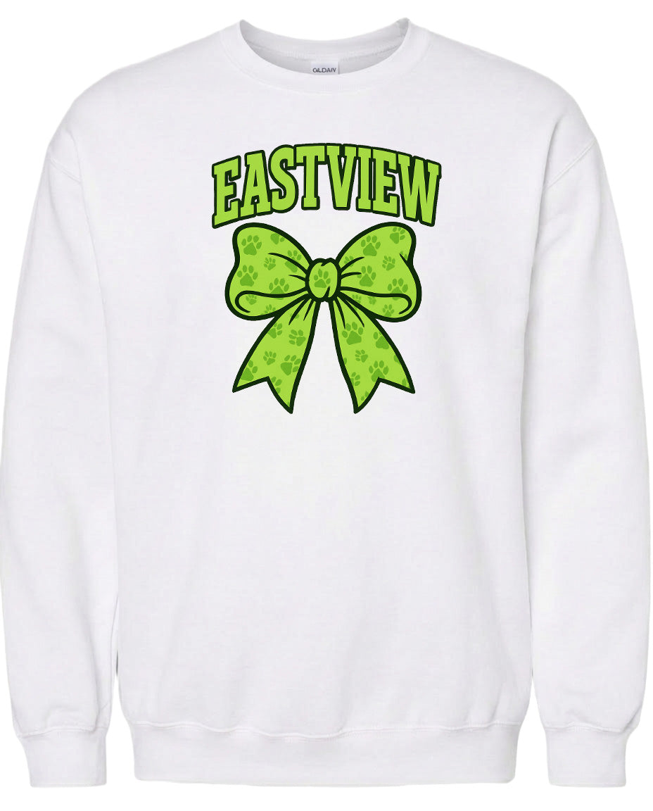 A white sweatshirt with a green bow and the word "EASTVIEW" printed on it.