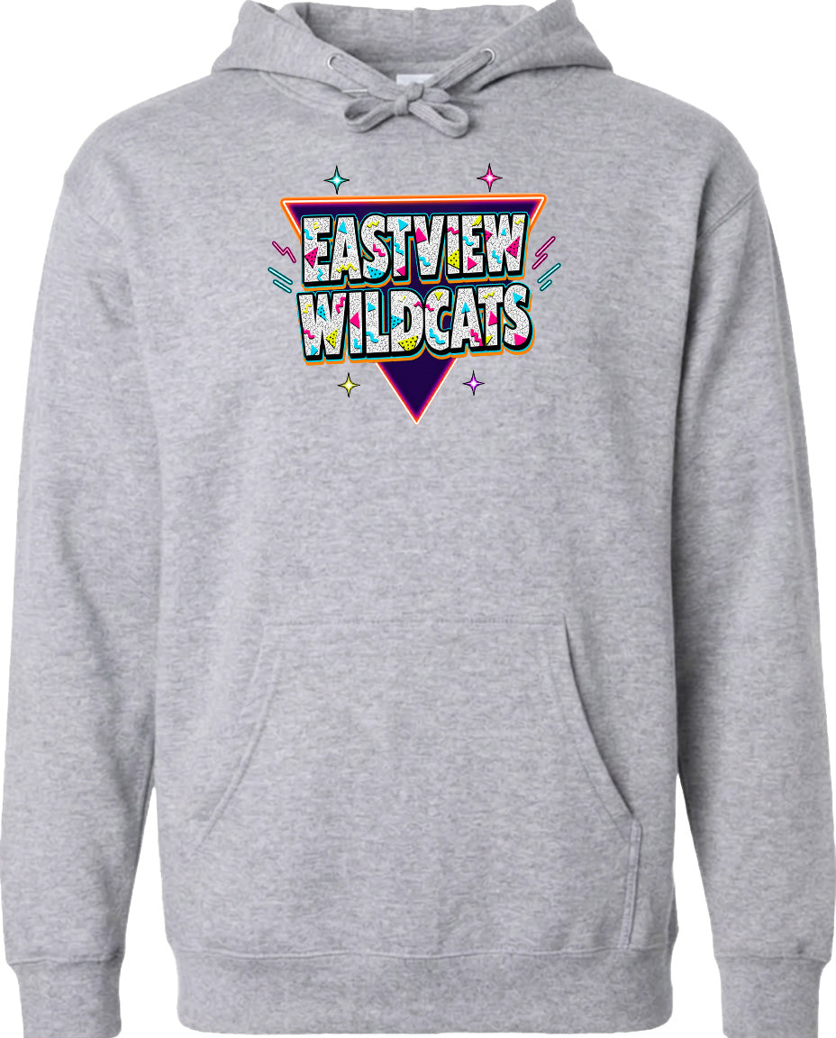 A gray hoodie with a colorful graphic design featuring the text "EASTVIEW WILDCATS" in a retro style.