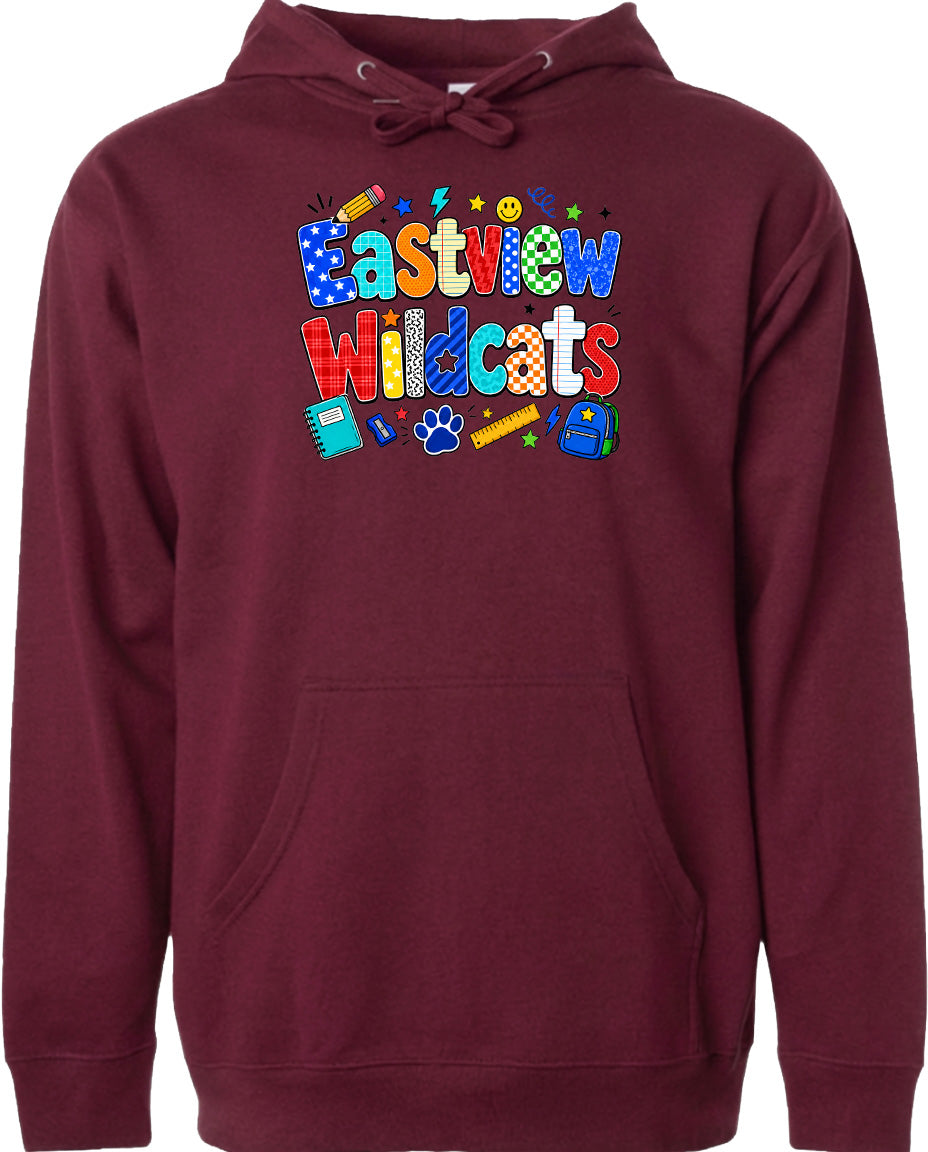 A burgundy-colored hoodie with a colorful graphic design featuring the text "Eastview Wildcats" and various school-related icons such as a backpack, pencil, and ruler.