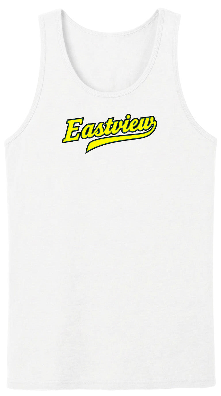 A white tank top with the word "Eastview" printed in yellow text across the chest.