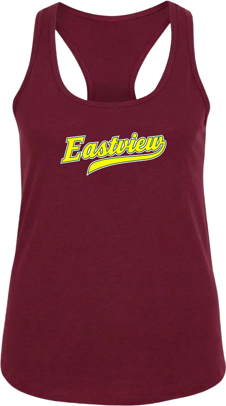 A burgundy-colored tank top with the word "Eastview" printed in yellow on the front.