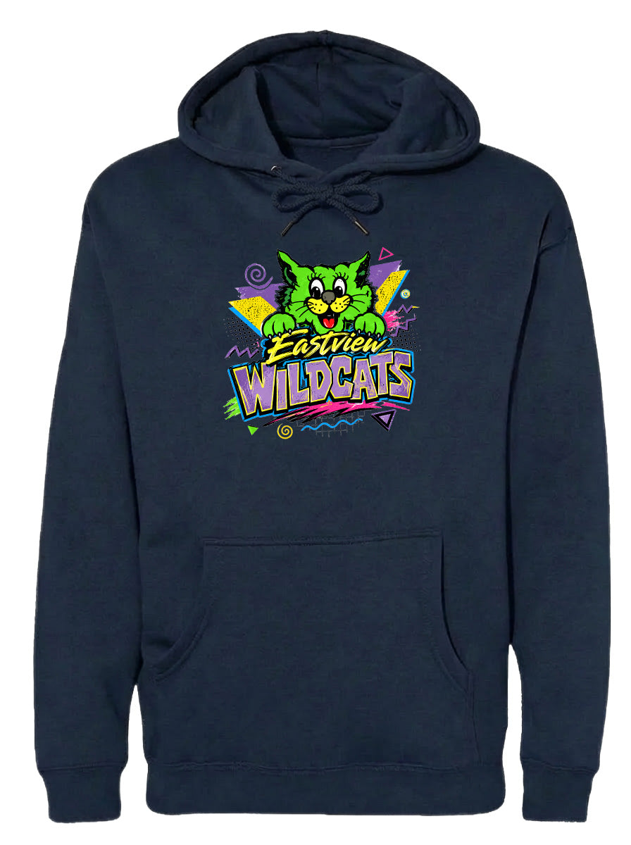A navy blue hoodie with a colorful graphic design featuring a cartoon cat and the text "EASTVIEW WILDCATS".