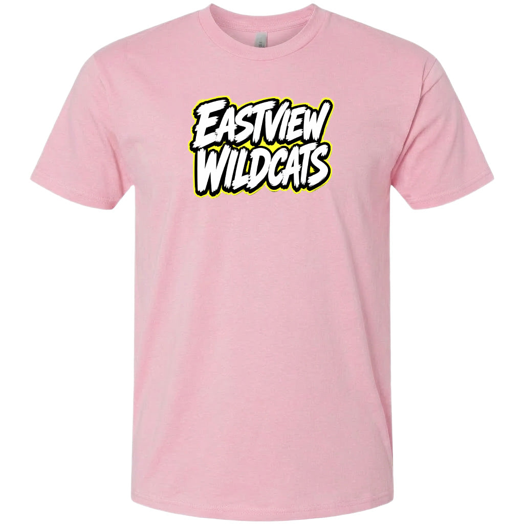 A pink t-shirt with the text "EASTVIEW WILDCATS" printed on it in a stylized font.