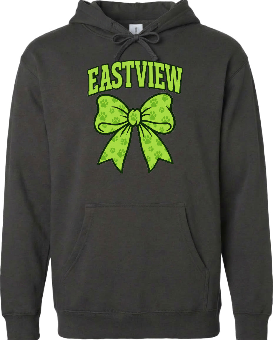 A black hoodie with a green bow and paw prints printed on it.