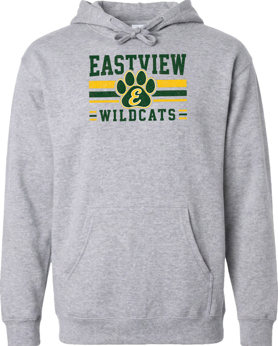 A gray hoodie with a graphic design featuring the text "EASTVIEW WILDCATS" and a paw print symbol.