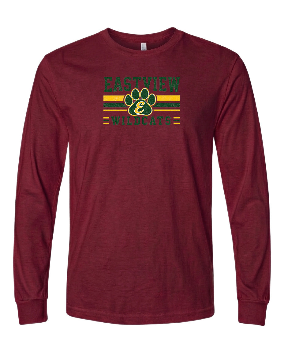 A burgundy long-sleeved t-shirt with a graphic design featuring a paw print and the text "EASTVIEW WILDCATS" printed on it.