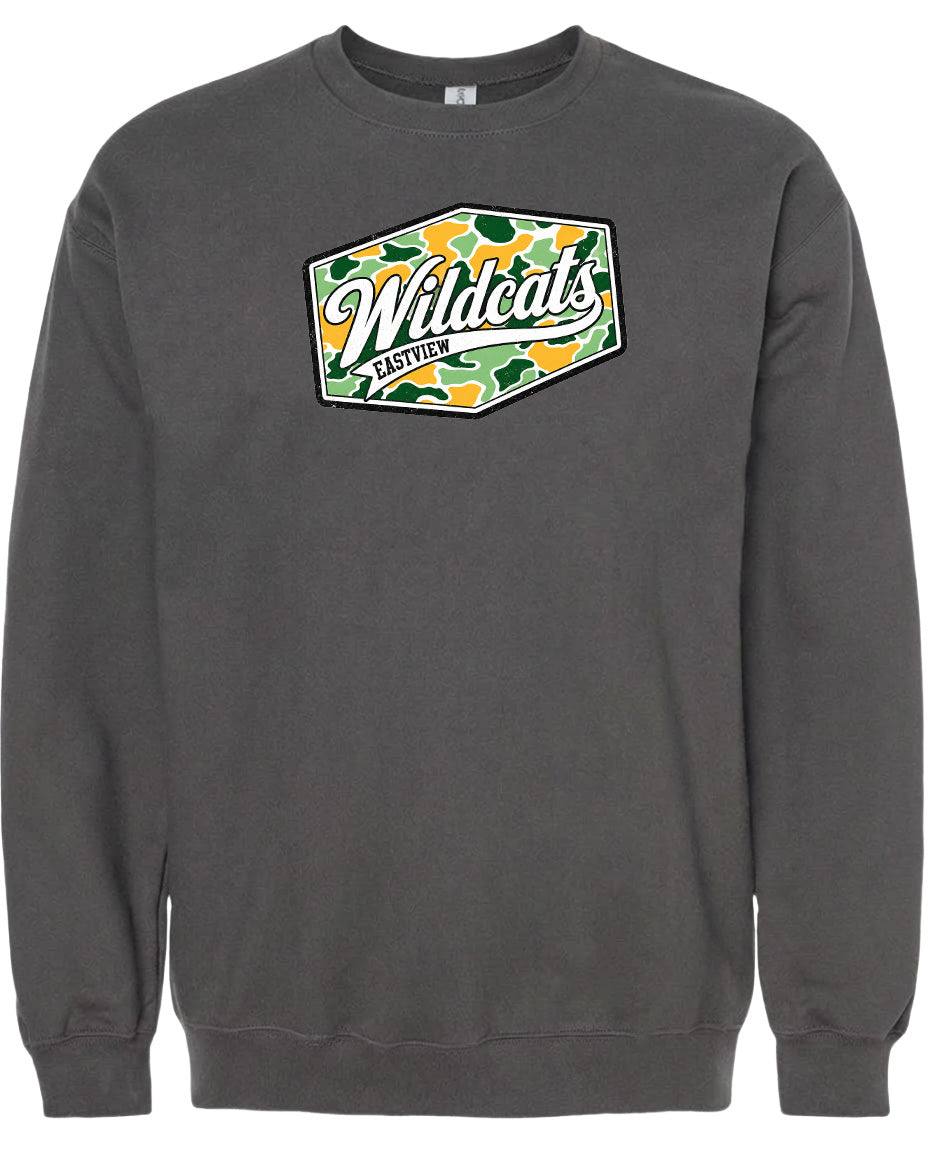 A gray sweatshirt with a graphic design on the front.