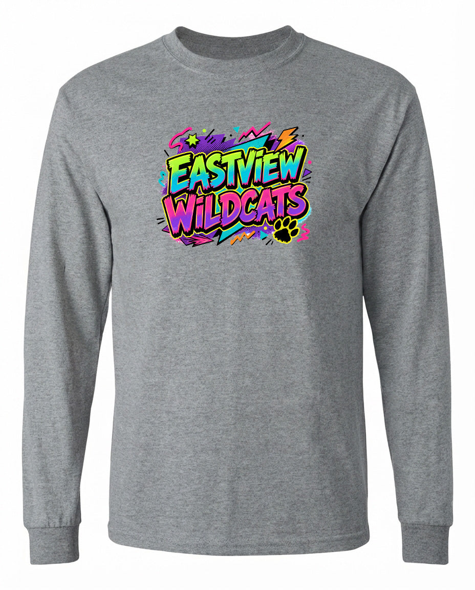 A gray long-sleeved t-shirt with a colorful graphic design featuring the text "EASTVIEW WILDCATS" in a vibrant, graffiti-style font.
