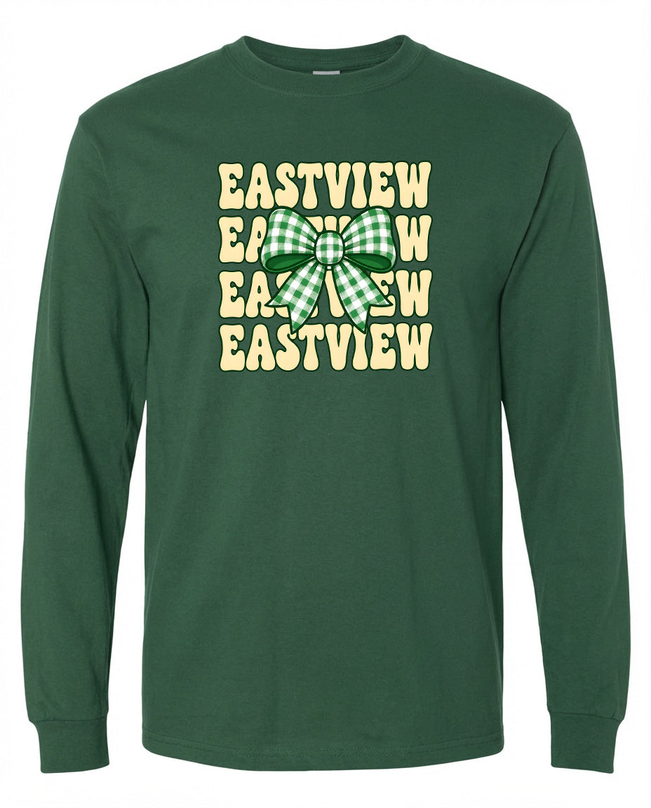 A green long-sleeved shirt with a graphic design featuring a green and white checkered bow and the text "EASTVIEW" repeated in a vertical pattern.