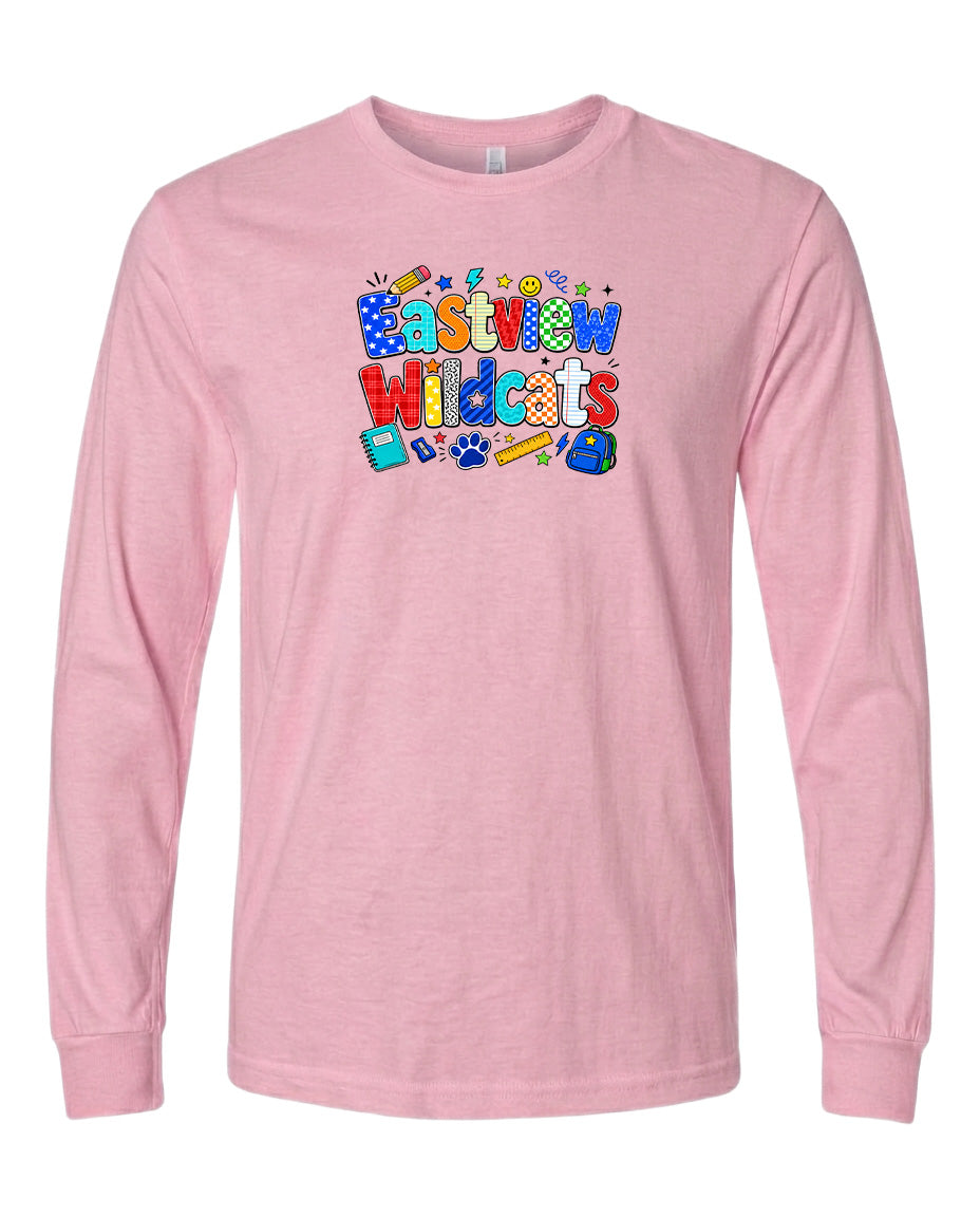 A pink long-sleeved t-shirt with a colorful graphic design featuring the text "Eastview Wildcats" in a playful font.
