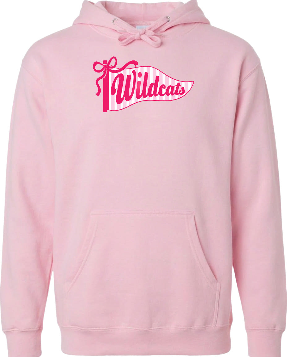 A pink hoodie with a graphic design featuring the word "Wildcats" in pink and white.