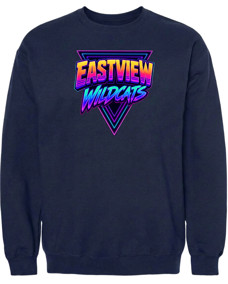 A navy blue sweatshirt with a graphic design featuring the text "EASTVIEW WILDCATS" in a colorful, retro-style font.